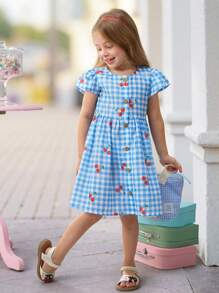 SHEIN 年轻女孩格纹樱桃图案盖袖休闲圆领迷你连衣裙，舒适简约 - 藍色 - 查看 3