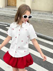 SHEIN Tween Girl Short Sleeve Shirt In Summer Is A Must-Have. The Cherry Pattern On The Shirt Looks Vivid, As If Dotting Sweet Fruits. It Is The Perfect Choice To Create An Adorable Look For Your Little One. - White - View 3