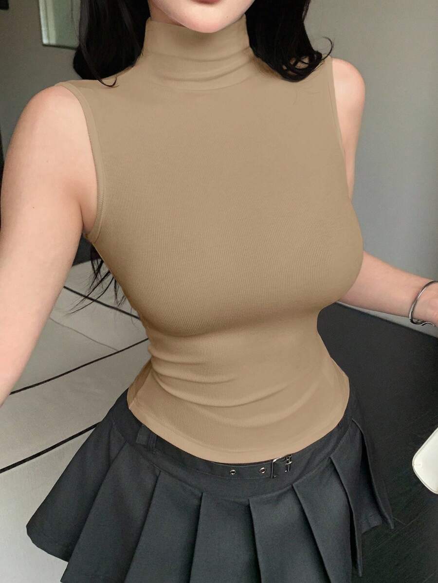 DAZY Women High Neck Bodycon Sleeveless Tank Top Preppy Tops - Khaki - View 1