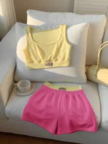 Comfortcana 女式字母印花背心和撞色拼接短裤套装，两件套服装，夏季 - 彩色 - 查看 3