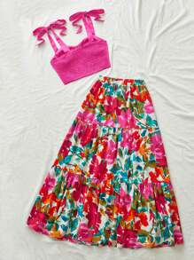 Vivid Eden 2 pezzi Set di moda da donna con canotta corta tinta unita e minigonna con stampa floreale per vacanza
