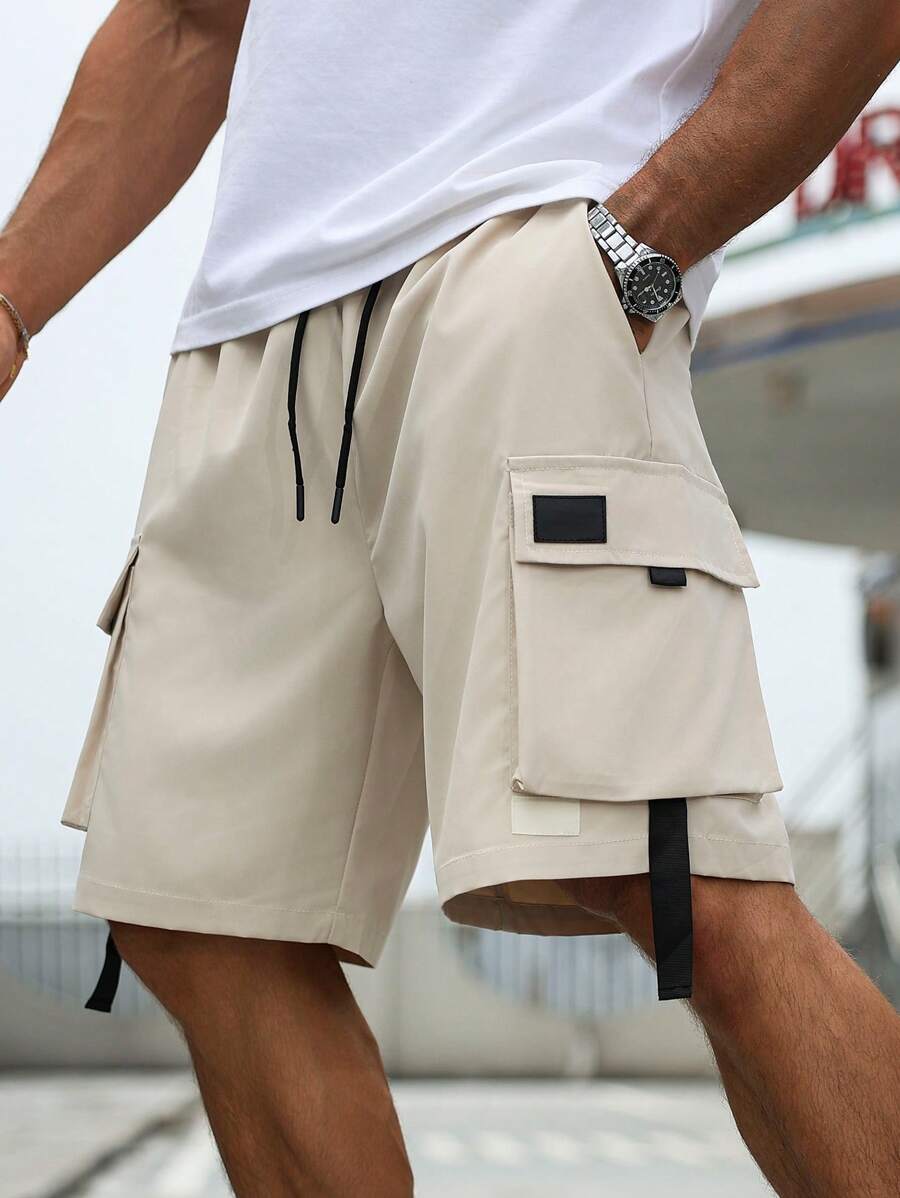 Manfinity Homme 大码男士工装口袋抽绳腰部宽松休闲短裤 - 杏色 - 查看 1