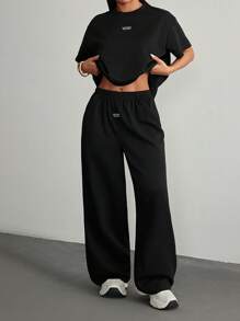 SHEIN PETITE 黑色纹理休闲宽松T恤长裤女套装 - 黑色 - 查看 6