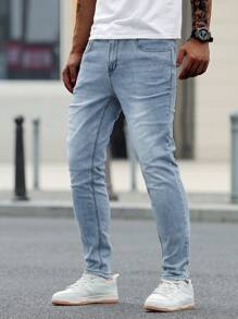 Manfinity Homme Blugi skinny pentru bărbați, stil casual, de stradă, cu buzunar și nasturi, stil zilnic, stil skinny