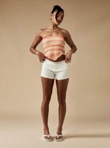 MISSGUIDED 高腰罗纹热裤花卉刺绣腰带夏季节日沙滩装舞蹈短裤 Y2K 时尚复古风格沙滩裤 - 白色 - 查看 1