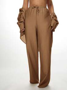 MISSGUIDED Linen Resort Lounge Palazzo Pants And Button Down Shirt Oversized Vacation Beach Coverup Lightweight Casual Wear - Coffee Brown - View 4