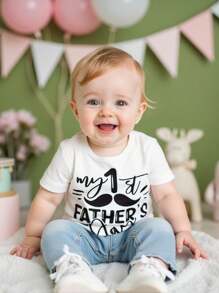 SHEIN Baby Jungen & Mädchen Cute Funny Mein erster Vatertag Buchstaben Grafik T-Shirt, weiches komfortables Strickgewebe, geeignet für Neugeborene, Outdoor, Vatertag, Fotoshooting, Alltag Lässig Tragen, Frühling/Sommer
