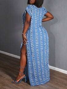 Slaydiva 大码时尚休闲宽松开衩破洞牛仔连衣裙