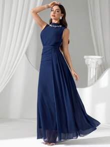 Coutiva Vestido de gala de noche de alta gama con decoración de lentejuelas brillantes y perlas falsas, elegante estilo de dama de lujo