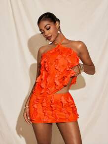 Yelly Gray Summer All-Over Printed Mesh Halter Neck Top And Mini Skirt Set Women Vacation Ruffled Co-Ords Orange Two Piece Set Orange Outfit Women Orange Ruffle Two Piece Set Orange Resort Wear Ruffle Two Piece Set - Orange - View 5