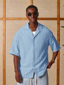 SUMWON Chemise texturée coupe régulière, manches courtes, légère pour l'été, décontractée, pour les vacances et la plage, chemise à boutons - Bleu azur - Voir 3