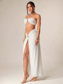 Silquee Summer Elegant Off-White Vacation Holiday Women 2 Pieces Set Solid Short Tank Shell Metallic Decoration Slim Fit Maxi Skirt Party Night Out - White - View 6
