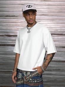 AXEPEAK Printed Patchwork Oversized V-Neck Short Sleeve T-Shirt, Multi Sizes For Men, Streetwear Fit - White - View 5