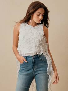 Anewsta Camiseta sin mangas de mujer de verano con cuello redondo, diseño de volantes de malla multicapa y color liso - Blanco - Ver 4