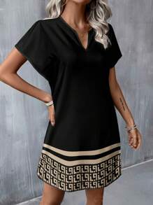 SHEIN LUNE Casual Minimalist Women's Floral V-Neck Woven Short Dress, Suitable For Spring & Summer,Boho Clothes Women