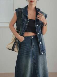 Dazy-Less Vintage Washed Denim Jacket & Straight Skirt 2 Pieces Set, Office/Commuter Casual Business Loose Fit Short Sleeve Summer/Spring/Autumn - Dark Wash - View 8