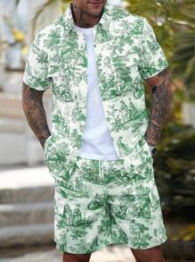 Manfinity RSRT Conjunto informal de camisa de manga corta con estampado de plantas y pantalones cortos para vacaciones de hombre