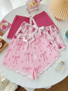 Snug Zone 3件套可爱花卉印花蝴蝶结撞色女士睡衣套装 - 彩色 - 查看 1