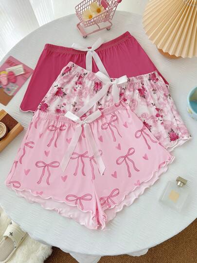 Snug Zone 3件套可爱花卉印花蝴蝶结撞色女士睡衣套装