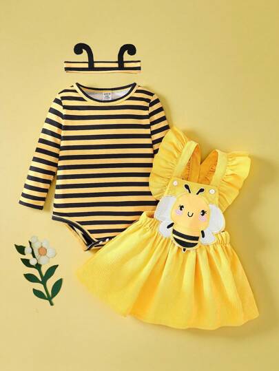 SHEIN Playful Pals Baby Mädchen Frühling&Herbst Süßer Stil, Overall mit Verschluss & Bienenkleid mit Stirnband