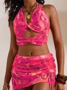 Opulessa Ensemble de maillot de bain imprimé tie dye pour femmes, idéal pour les vacances à la plage - Rose vif - Voir 7