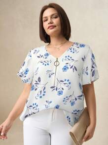 SHEIN Clasi Blusa de manga corta con estampado floral para mujer de talla grande, verano