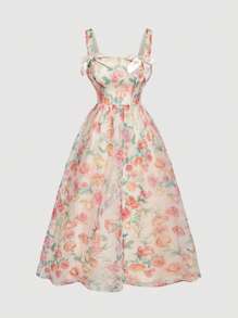 SHEIN MOD 大码女式杏色欧根纱印花蝴蝶结连衣裙、舞会连衣裙、派对女士连衣裙、跨年晚礼服、新年、情人节 - 杏色 - 查看 1