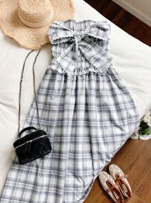 Comfortcana Women's Plaid Print Bowknot Decorated Dress - Blue - View 4