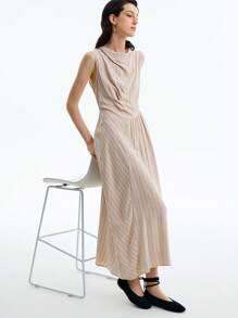 Aalyst Asymmetrical Neckline Sleeveless Beige Minimalist French Indie Design Dress - Apricot - View 5