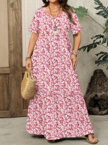 EMERY ROSE Vestido holgado de flores de talla grande para mujer, adecuado para vacaciones de verano - Rosa - Ver 4