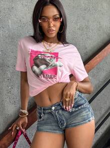 INAWLY 标语和图案 T 恤 永远做自己，保持独特态度 图案 T 恤 女式上衣 - 淺粉色 - 查看 2