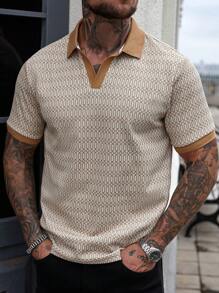 Manfinity Homme 男士时尚撞色V领纹理矩形图案提花休闲Polo衫 - 彩色 - 查看 6