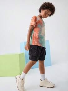 SHEIN Tween Boy 休闲 3D 货物口袋装饰松紧带和抽绳猪鼻扣松紧腰短裤，适合秋季、春季、夏季、户外玩耍、学校、街头装、派对和休闲装