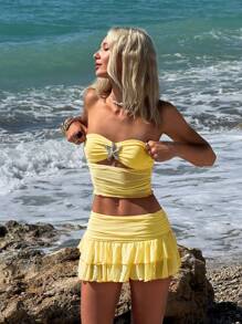 SHEIN ICON 女士两件套海星装饰度假休闲透明网眼抹胸紧身迷你黄色半身裙