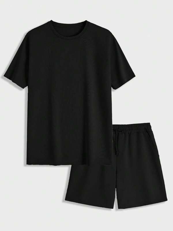 RueChic Set de vară pentru bărbați, culoare solidă, guler rotund, mânecă scurtă, casual, tricou și pantaloni scurți cu talie cu șnur