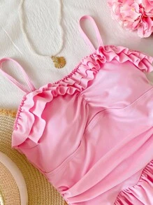 Costume da bagno intero per ragazze adolescenti, colore rosa tinta unita con volant, abbigliamento casual da resort
