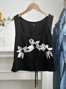Comfortcana Kamisol Ukuran Besar Elegan dengan Hiasan Bunga 3D, Musim Panas - Hitam - View 3