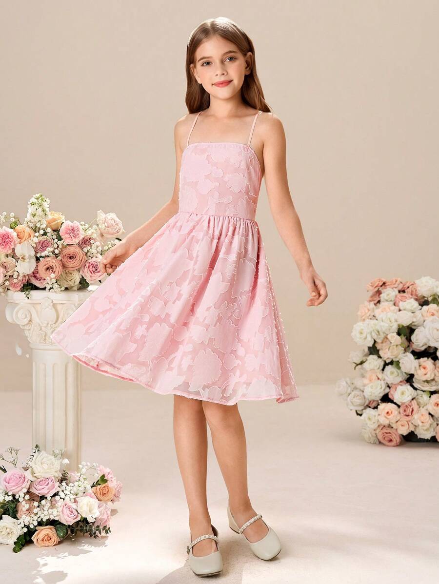 Vestido de niña preadolescente sin mangas de unicolor tejido - Rosa - Ver 1