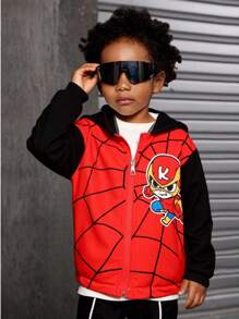Young Boy Patchwork Spider Print Playful & Cute Casual Fashion Jacket , Soft Comfortable Fabric, Suitable For Spring & Autumn Fall Winter
