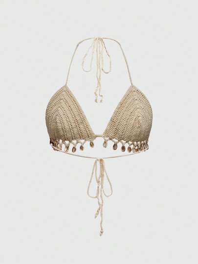 Women's Knitted Shell Pendant Neckline Swimsuit Cover Up For Beach Vacation