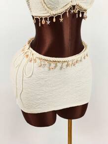 Amplova Set de 2 piezas: Top corto decorado con cuerda, estrella de mar y concha, y mini falda