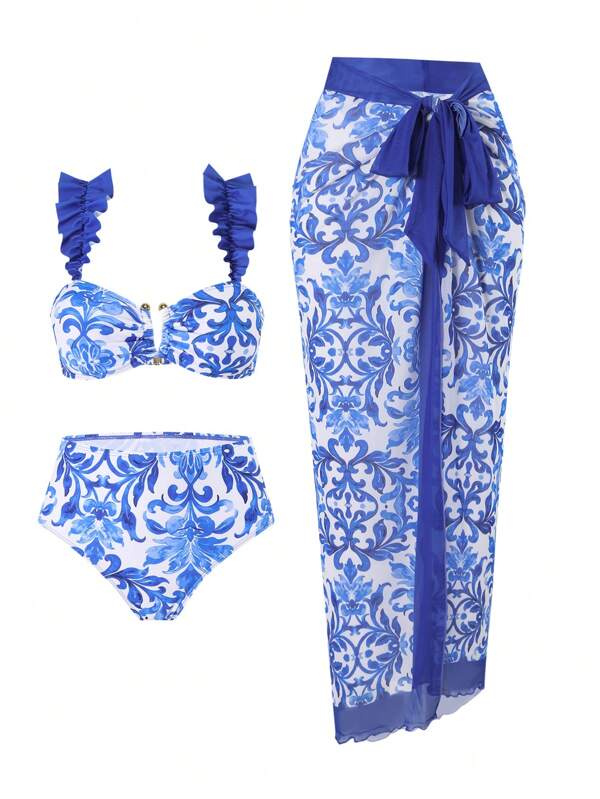 Swim Oasis Set de 3 bucăți pentru vacanță de vară, albastru și alb, cu imprimeu floral pentru femei, cu cureaua din dantelă și decor metalic, ținută de plajă