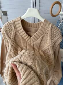 DAZY Chaleco de mujer de punto trenzado con cuello en V para primavera y otoño