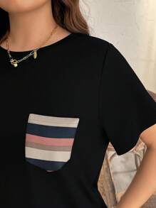 EMERY ROSE Casual Minimalist Colorful Striped Pocket Plus Size T-Shirt, Suitable For Summer Suitable For Going Out - Black - View 3