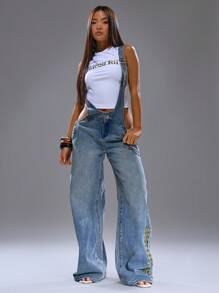 MUSERA Extreme Scoop Open Dungaree Graphic Print Summer Spring Streetwear Y2K Cool Girl Cute City Back To School Autumn Fall Winter Casual Office Work Everyday   Chic - Baby Blue - View 1