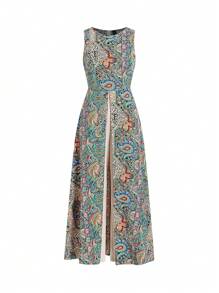 Ellevyn 女士优雅度假风格花卉印花前开襟圆领连体裤