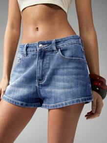 MISSGUIDED 高腰牛仔短裤迷你长度夏季海滩度假节牛仔短裤弹力舒适版型 - 藍色 - 查看 5