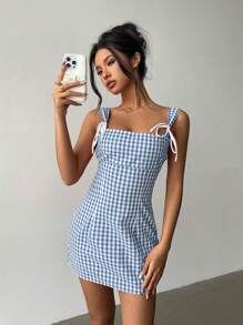 Aloruh Y2K Cute Young Girl Plaid Mini Strap Dress - Blue and White - View 6