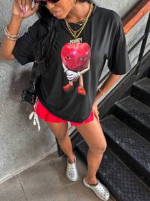 INAWLY 卡通印花圆领休闲长袖 T 恤，夏季图案 T 恤女式上衣，适合春季穿搭 - 黑色 - 查看 2