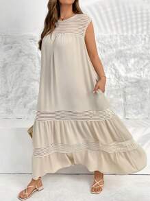 SHEIN Essnce Abito lungo senza maniche, con tasche, in stile casual e comodo, in prospettiva e con effetto traforato, in colore albicocca, adatto a donne in taglie forti per la primavera e l'estate, ideale per la vacanza al mare